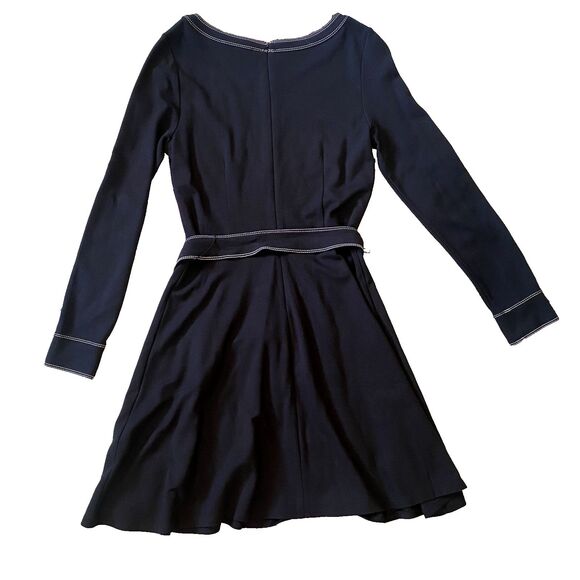 Minimalist Quiet Luxury LOFT Black Dress Long Sleeve Tie Waist Contrast Stitch 6 - Picture 2 of 12